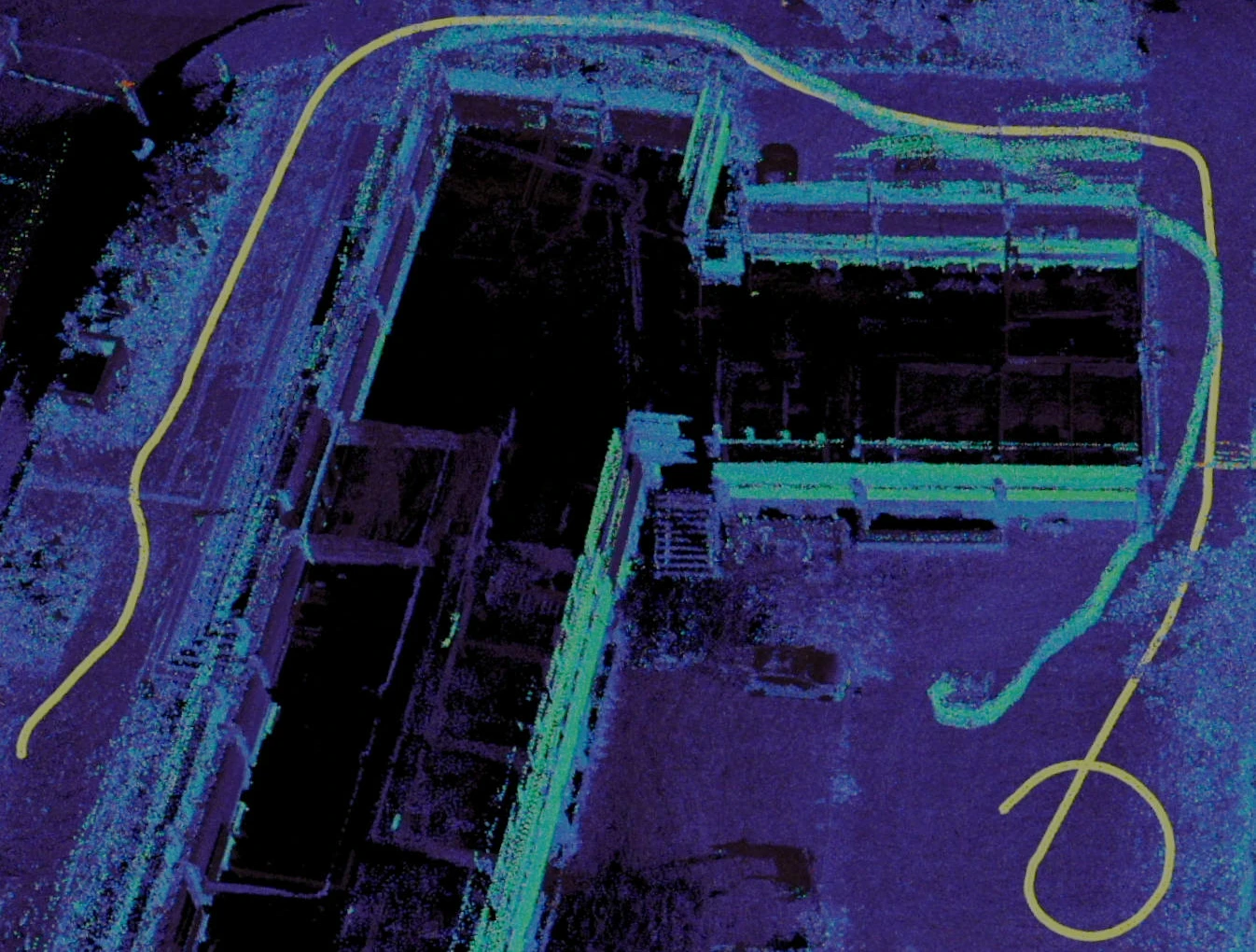 Pelorus lidar reconstruction of the Institute of Computer Science at Osnabrück University, with the trajectory shown in yellow.