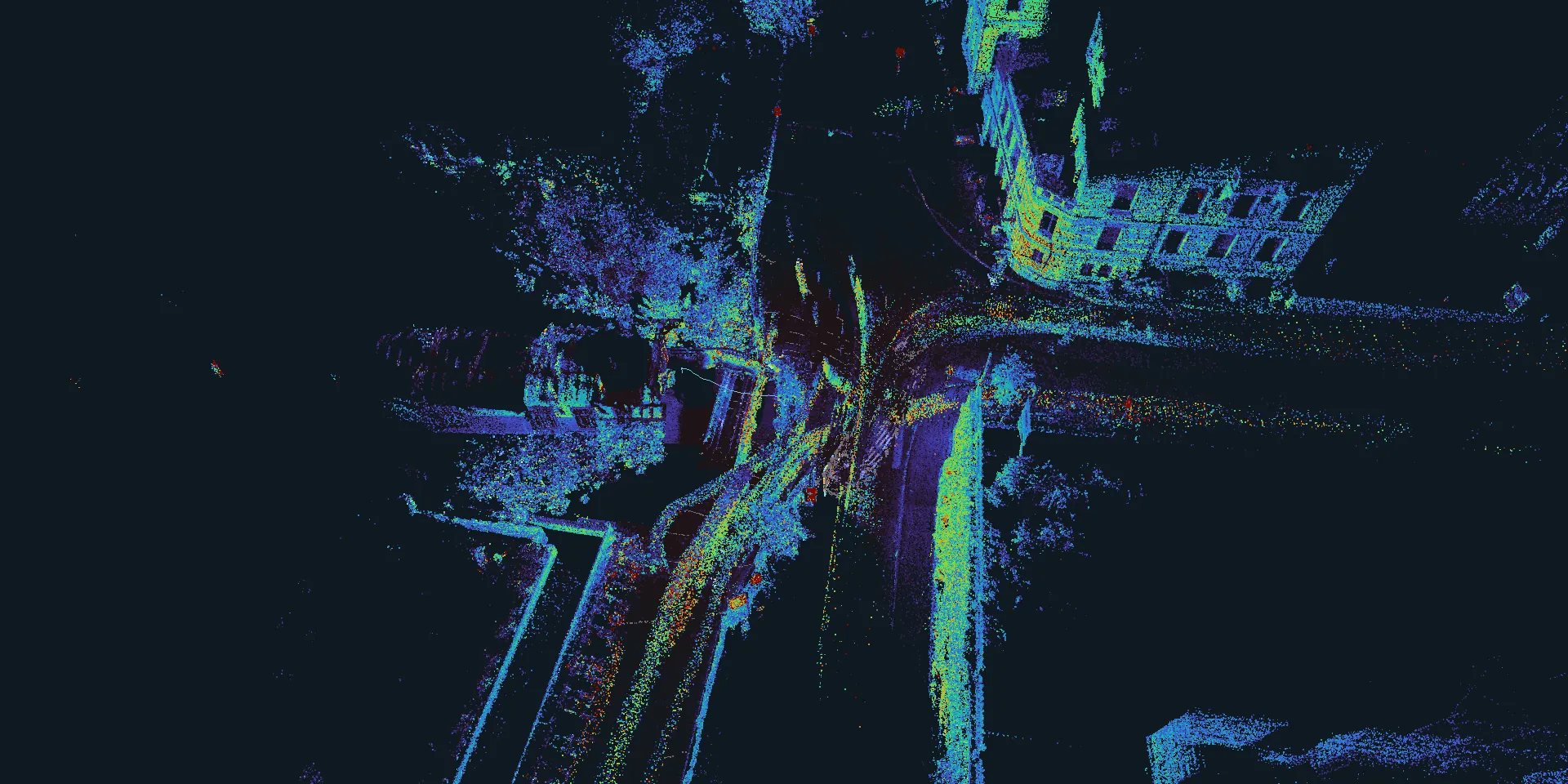 The map of a street junction from GrandTour eth1, coloured by lidar intensity