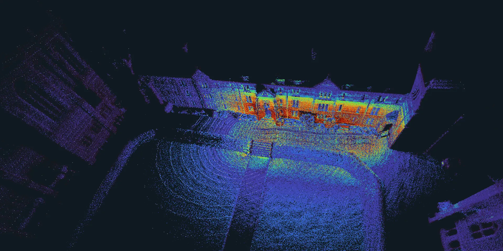 The map Pelorus builds of Keble College, coloured by lidar intensity